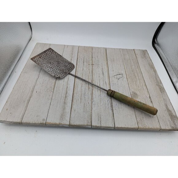 Vintage Steel Spatula Long Slotted Holes 14" Green Wood Handle - Picture 1 of 6